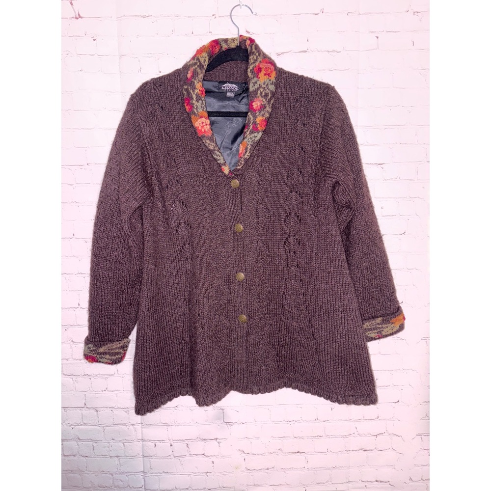Vintage Icelandic Design‎ Vintage 100% Wool Sweater Jacket Floral Trim Brown SM